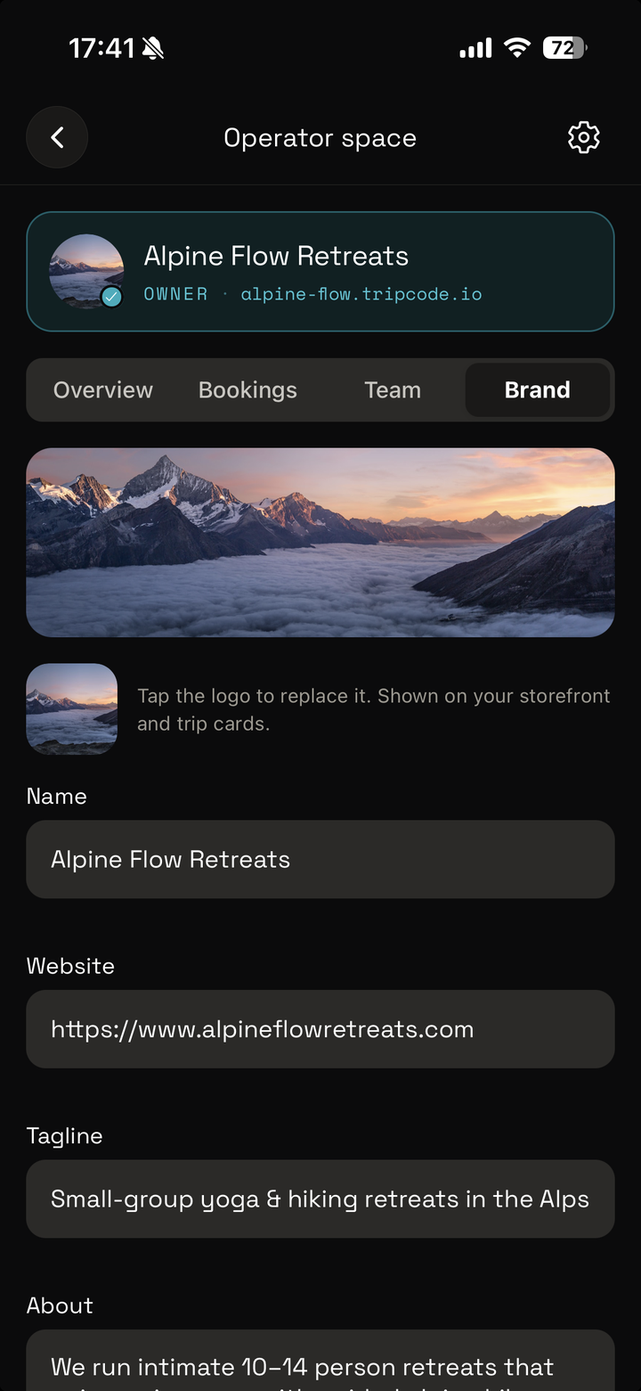 The brand screen — logo, name, tagline and about.
