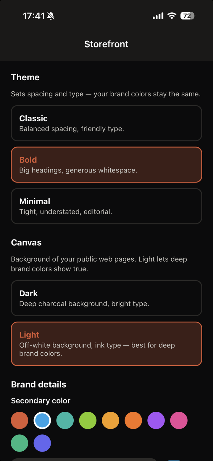 The storefront editor — theme, canvas, brand colours and sections.