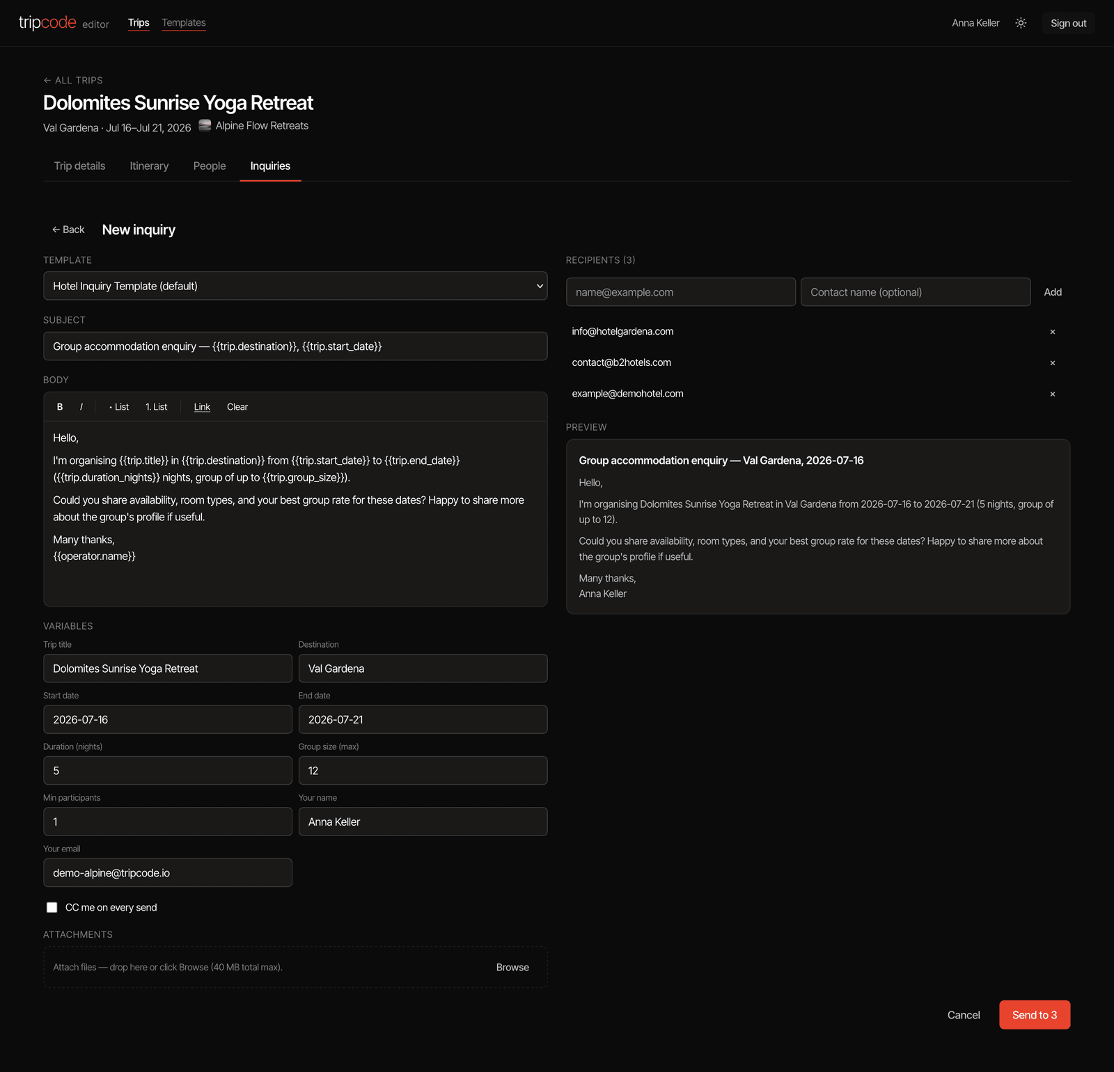 The tripcode editor hotel-inquiry composer — a saved template with subject and body, merge variables for trip title, dates and group size, a recipient list and a live preview, ready to send to three hotels.