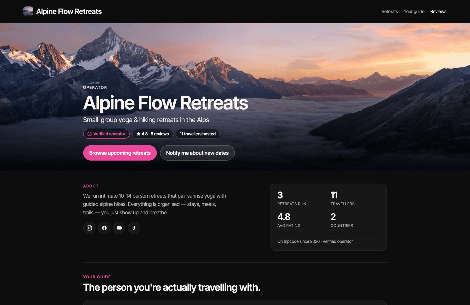 An operator storefront on tripcode — Alpine Flow Retreats: hero photo, verified-operator badge, rating, trips-hosted count, about section and stats, on its own branded subdomain.